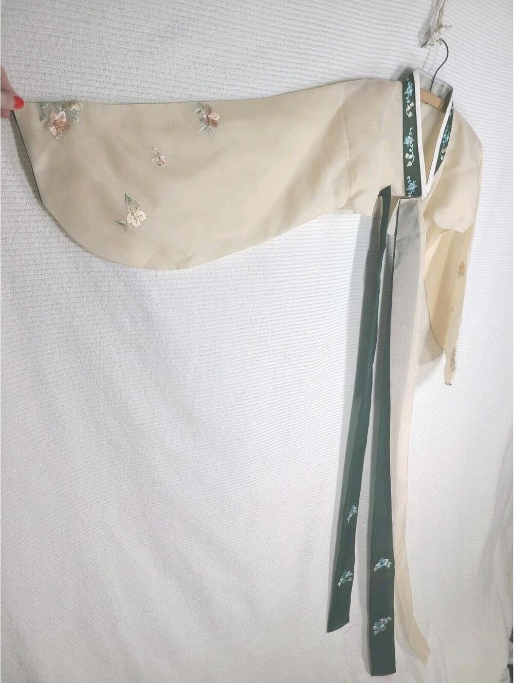 Vintage Chinese Hanfu Jacket Shirt Sheer Green Tan Hand Stitched Ooak 34"b Small - Picture 8 of 9
